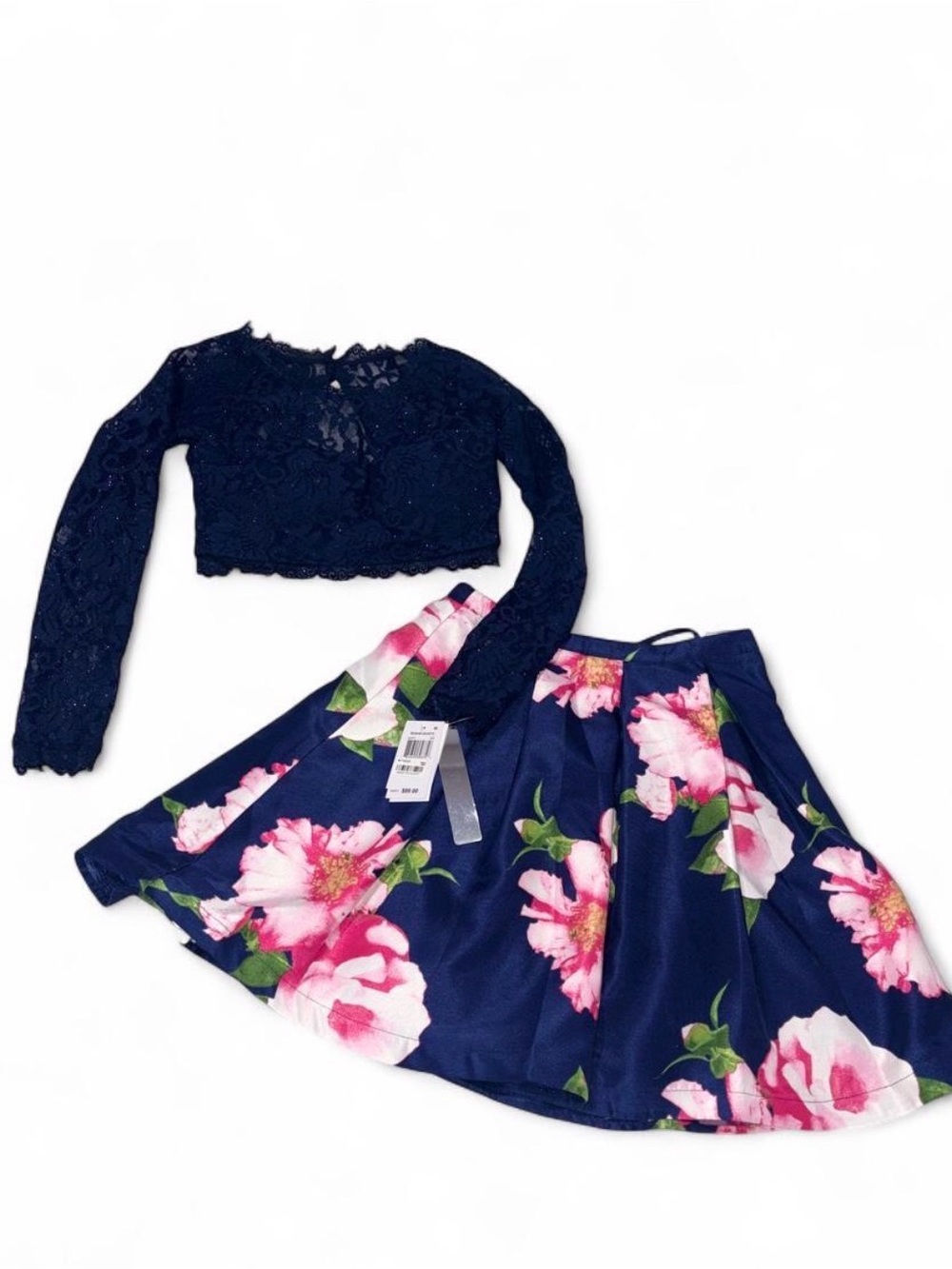 Women’s 2piece  Navy Floral Skirt with Navy Lace Top formal size 1
